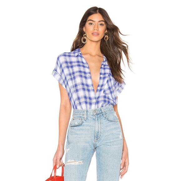 Rails Whitney Linen Blend Short Sleeve Button Up Top White Coast Plaid sz Small - Picture 1 of 7